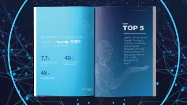 Revista abierta con gráficos, texto destacando el talento STEM en América Latina.
