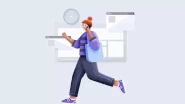 Mujer caminando y hablando por teléfono frente a pantallas de computadora.