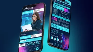 Dos teléfonos inteligentes mostrando una revista digital con diseño tecnológico.