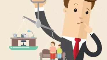 Ilustración de hombre equilibrando trabajo y familia en una balanza.