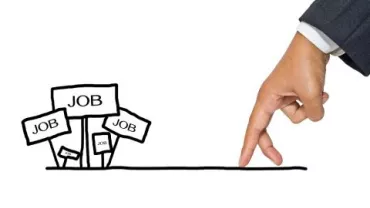 Dibujo de mano caminando hacia carteles que dicen 'JOB'.