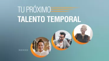 Texto: 'Tu Próximo Talento Temporal', tres personas sonrientes en círculos.