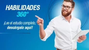 Hombre sonriente con tableta y texto promocional sobre habilidades 360 grados.