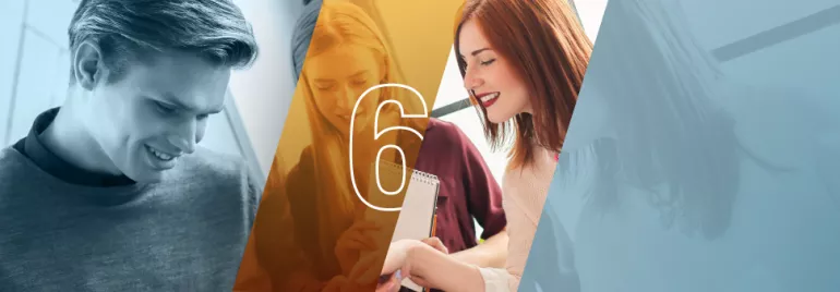 Hombre sonriente a la izquierda, dos mujeres trabajando a la derecha, número 6 en el centro.