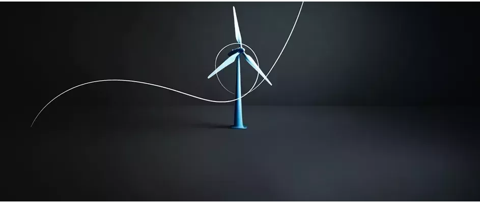 Aerogenerador azul sobre fondo oscuro, representando energía renovable y sostenibilidad.