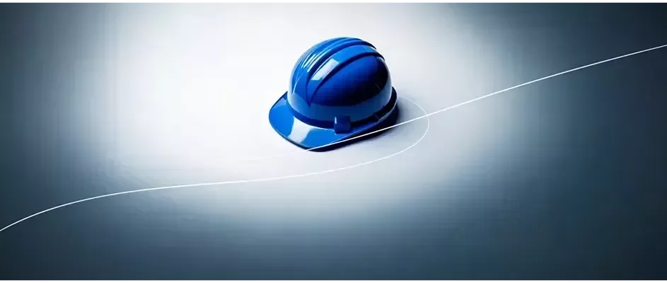 Casco azul sobre fondo gris, símbolo de protección y seguridad en entornos industriales.