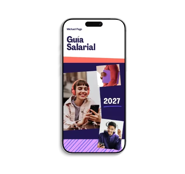 Mockup de teléfono con pantalla morada mostrando “Guía Salarial 2027”.