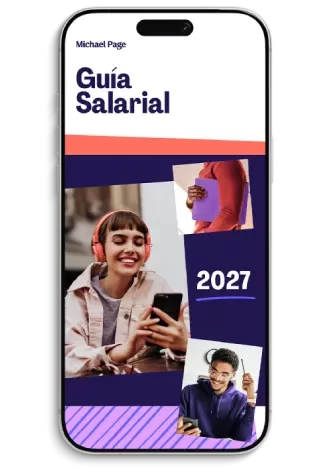 Mockup de teléfono con pantalla morada mostrando “Guía Salarial 2027”.