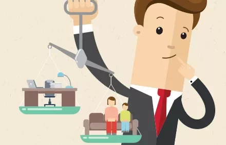 Ilustración de hombre equilibrando trabajo y familia en una balanza.